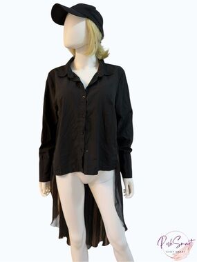 Spoon Jeans Black Hi-Low Button Down Shirt Ruffle Collar Chiffon Hem | Size M